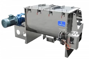 Industrial ribbon blender mixer front view, 100–10,000 L capacity, high-uniformity powder and granule mixing machine