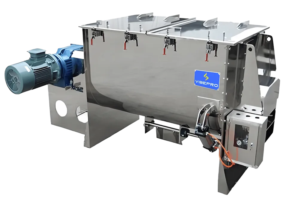 Industrial ribbon blender mixer front view, 100–10,000 L capacity, high-uniformity powder and granule mixing machine