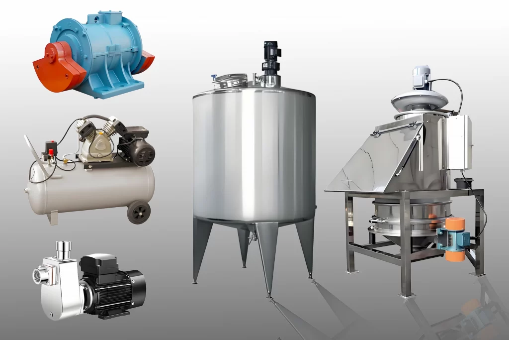 Auxiliary machinery and spare parts including bins, pumps, compressors, dust collectors, and sensors