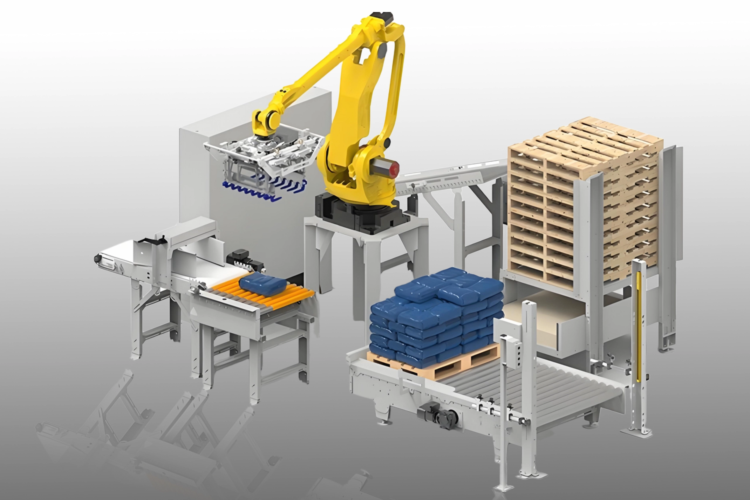 Carton sealers, shrink wrappers, and palletizers for automated end-of-line packaging