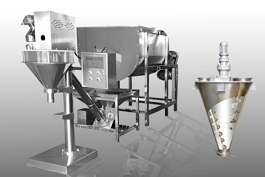 Mixers and blenders for uniform mixing of powders, granules, and liquids in food, chemical, and pharmaceutical industries